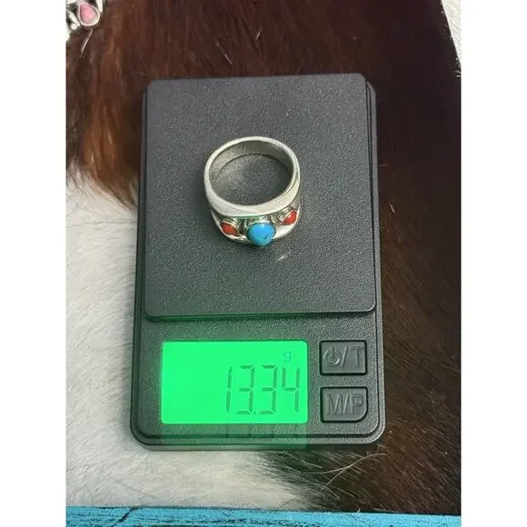 Joseph Esposito ESPO SIG 925 Sterling Silver Turquoise & Coral Wide Band Ring 7